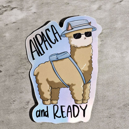 Waterproof Die-Cut Vinyl Sticker — Animal Pun: Alpaca and Ready | 3" x 2.145"