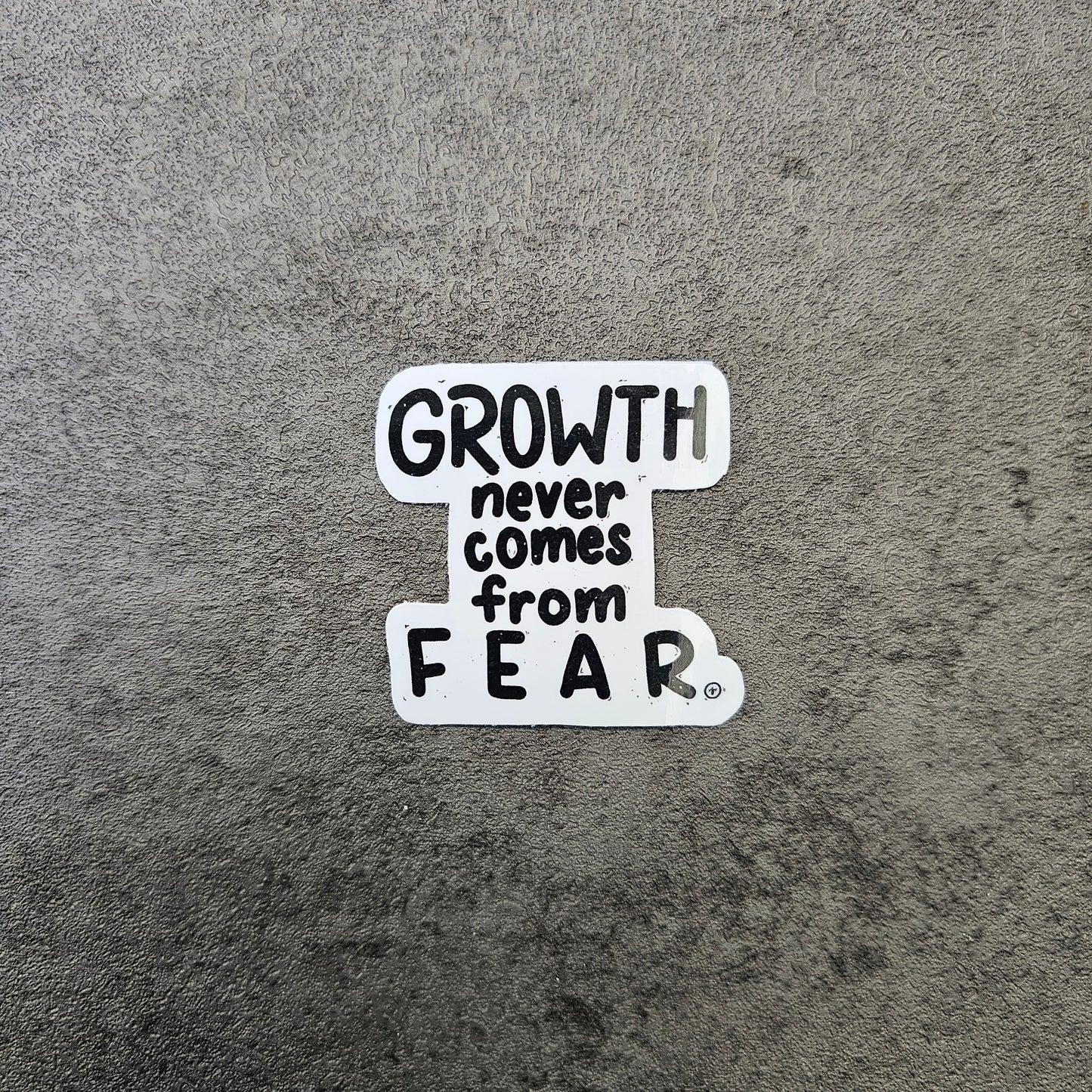 Waterproof Die-Cut Vinyl Sticker — Typography: Growth Never Comes from Fear