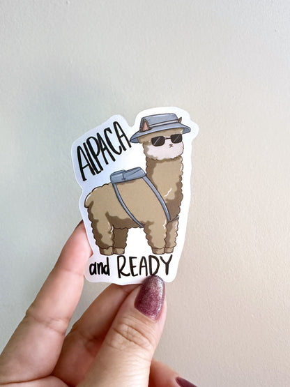 Waterproof Die-Cut Vinyl Sticker — Animal Pun: Alpaca and Ready | 3" x 2.145"