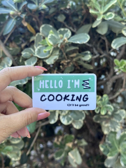 Waterproof Die-Cut Vinyl Sticker — Mock Name Tag: Hello, I'm Cooking