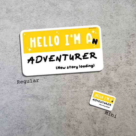 Waterproof Die-Cut Vinyl Sticker — Mock Name Tag: Hello, I Am an Adventurer