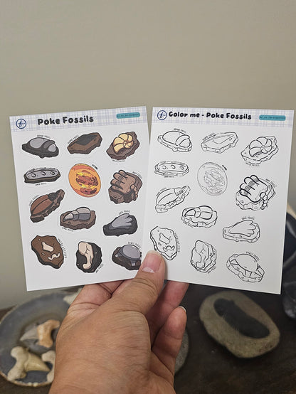 Poke Fossils - Color Me | Sticker Sheet | 3.5" × 4.5"
